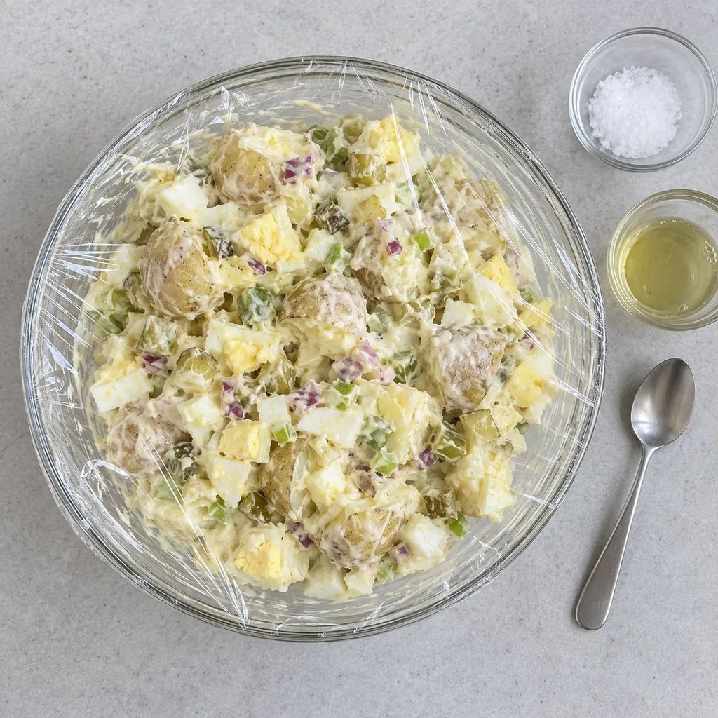 Potato salad covered for chilling, with salt, pickle brine and a spoon ready for the cold taste check.