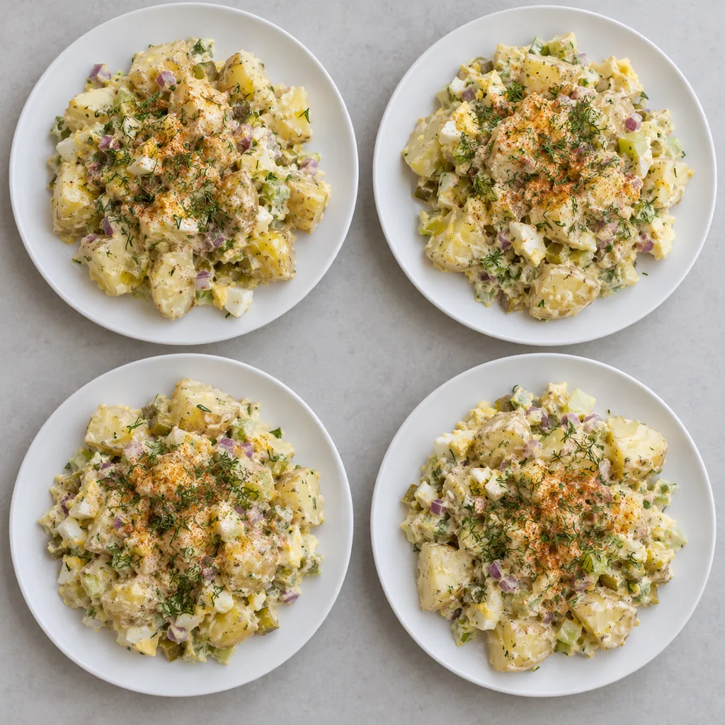 Four servings of potato salad finished with chopped fresh dill and sweet paprika.