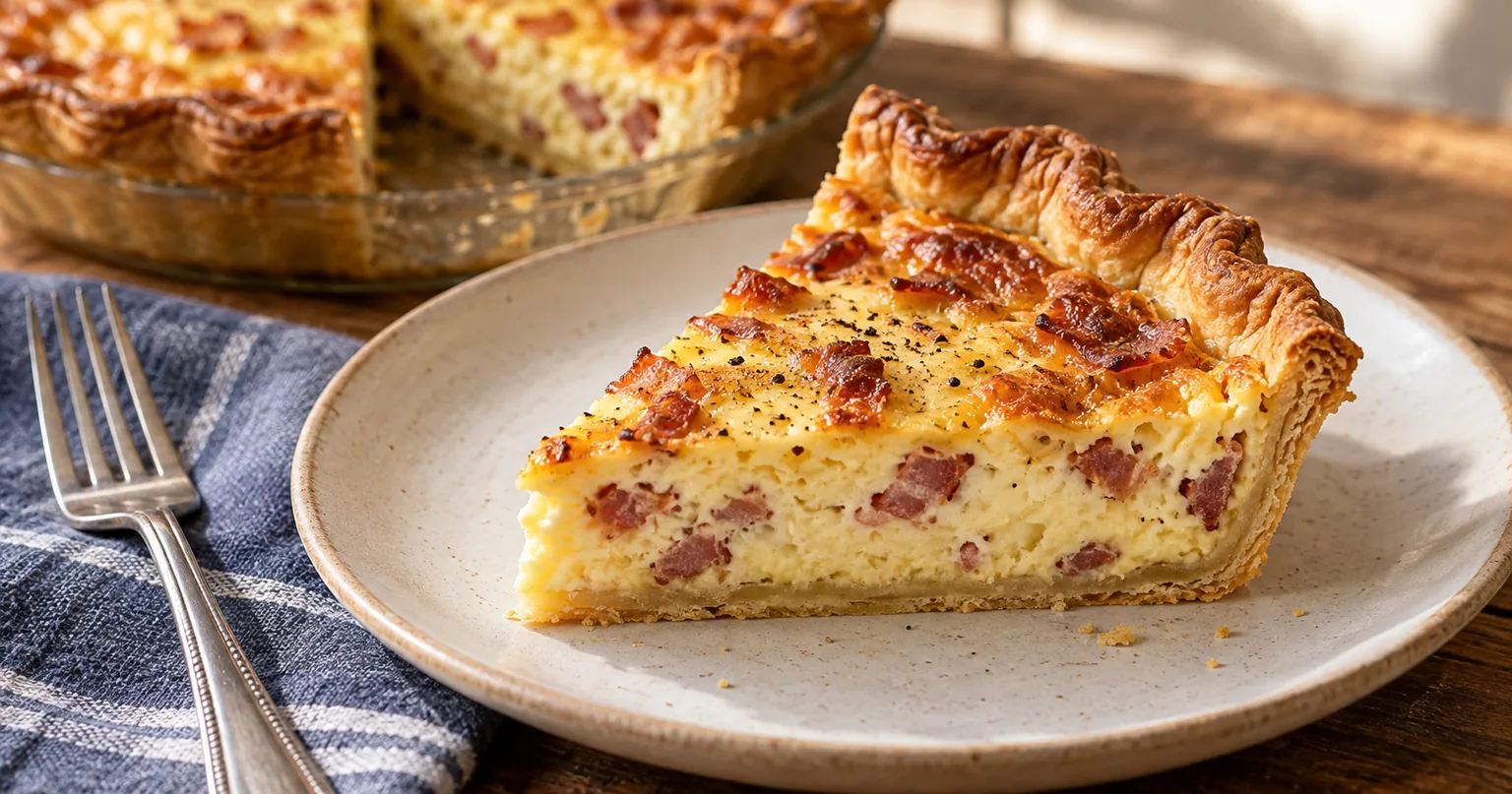 Quiche Lorraine served in a styled dish.