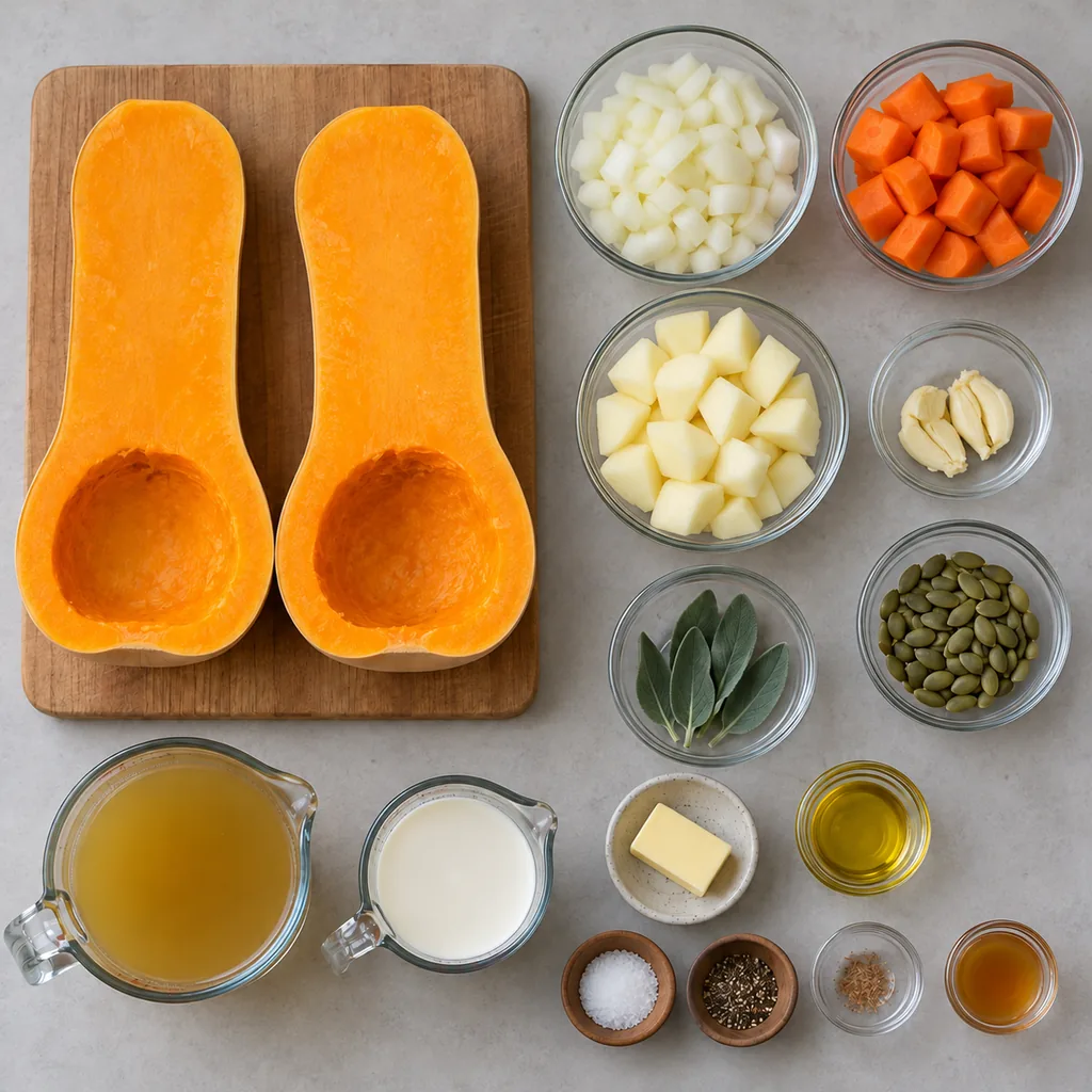 Prepared squash halves and measured soup ingredients.