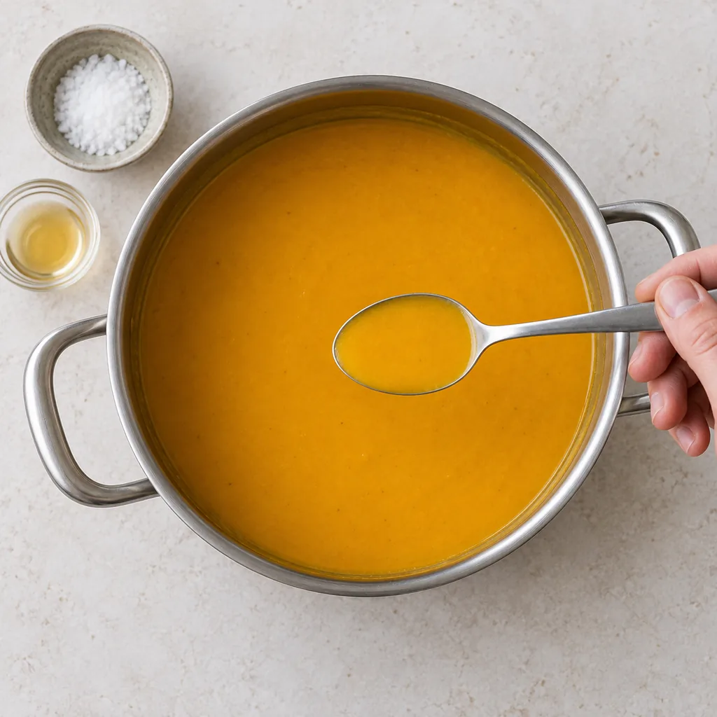 A spoonful of smooth squash soup ready to taste for seasoning balance.