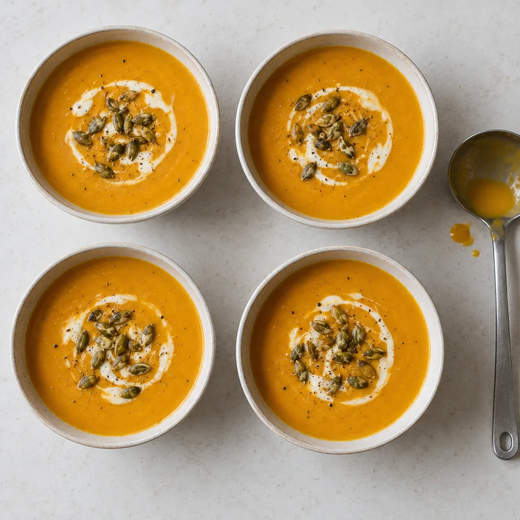 Four bowls of squash soup finished with cream, pepitas, and pepper.