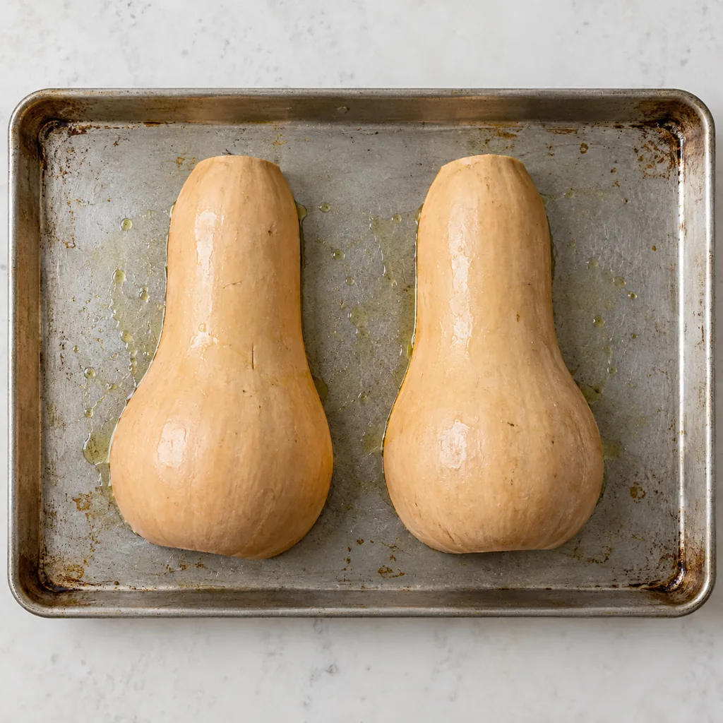 Oiled squash halves placed cut-side down on a sheet pan.