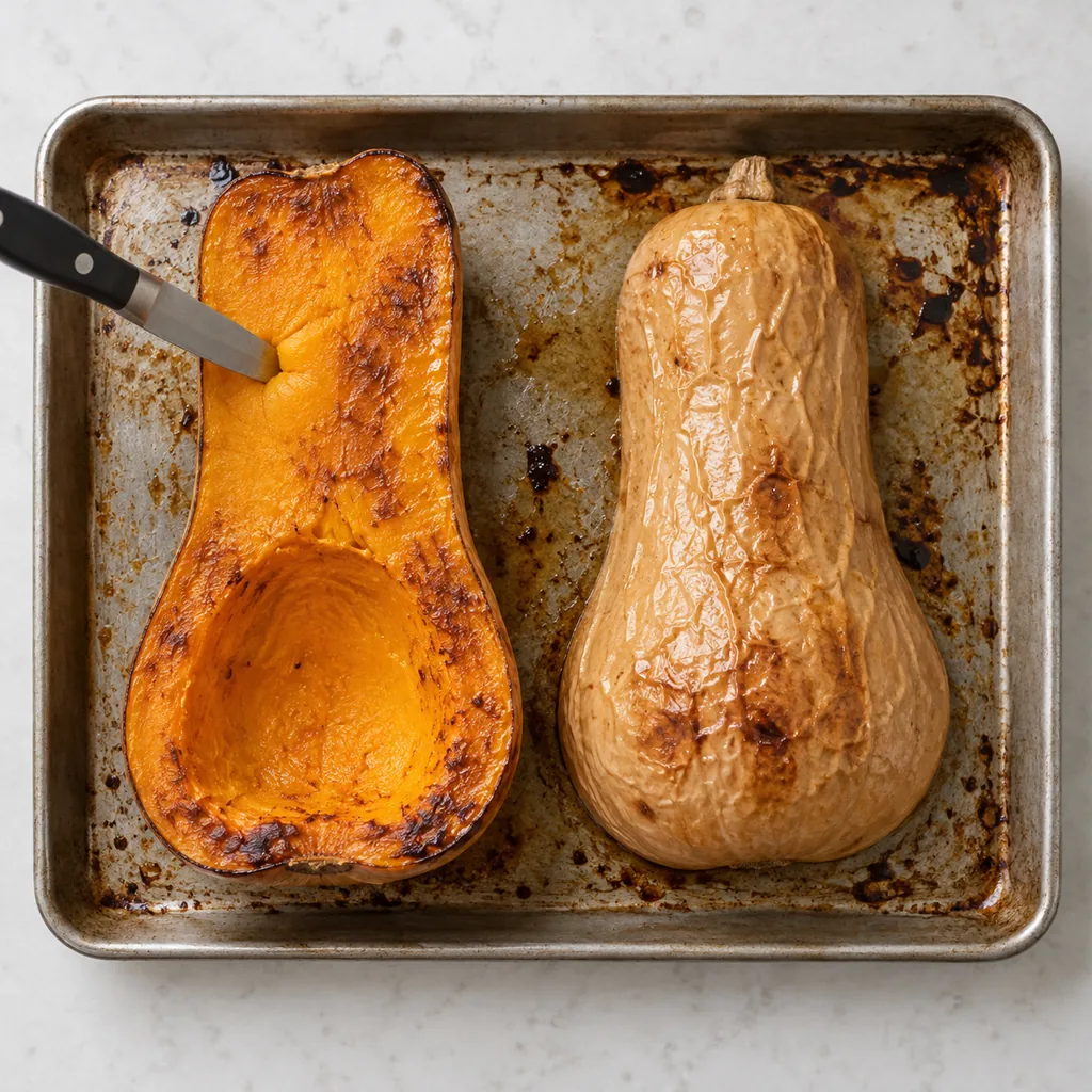 Roasted squash is browned underneath and tender in the neck.