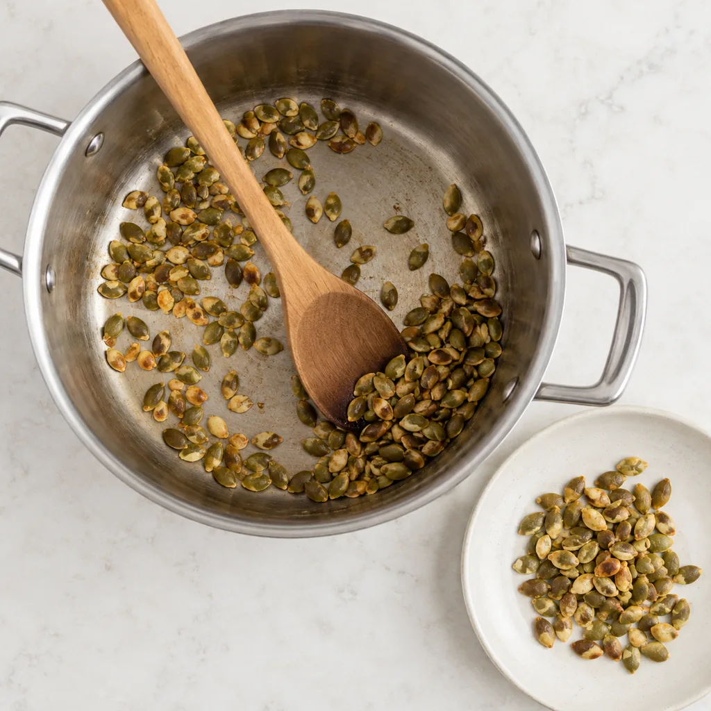 Pepitas toasted until lightly golden and transferred to a plate.