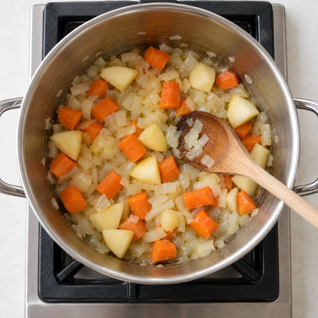 Onion, carrot, and peeled apple softened in butter and oil.