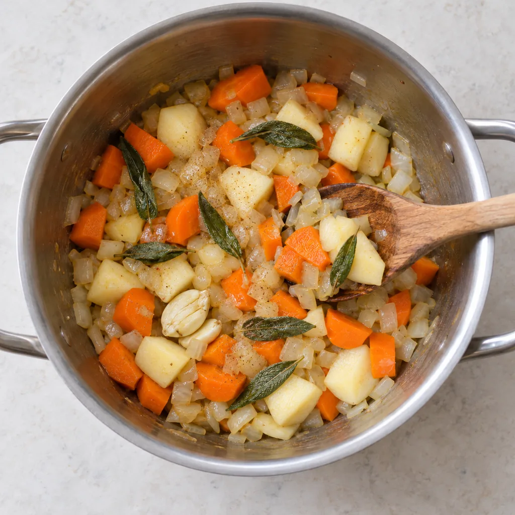 Garlic, sage, and nutmeg stirred into the softened vegetables and apple.