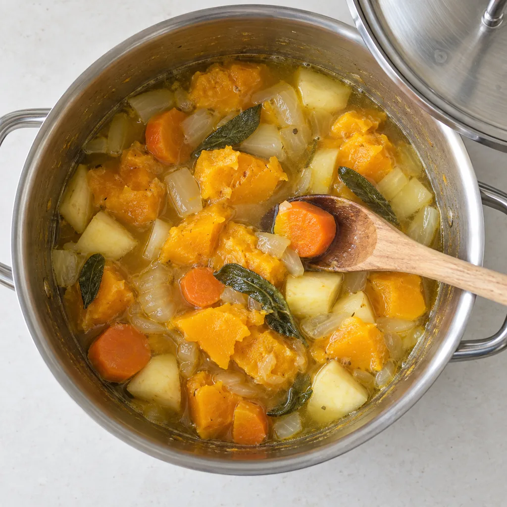 Roasted squash flesh and vegetables simmer in broth until the carrot softens.