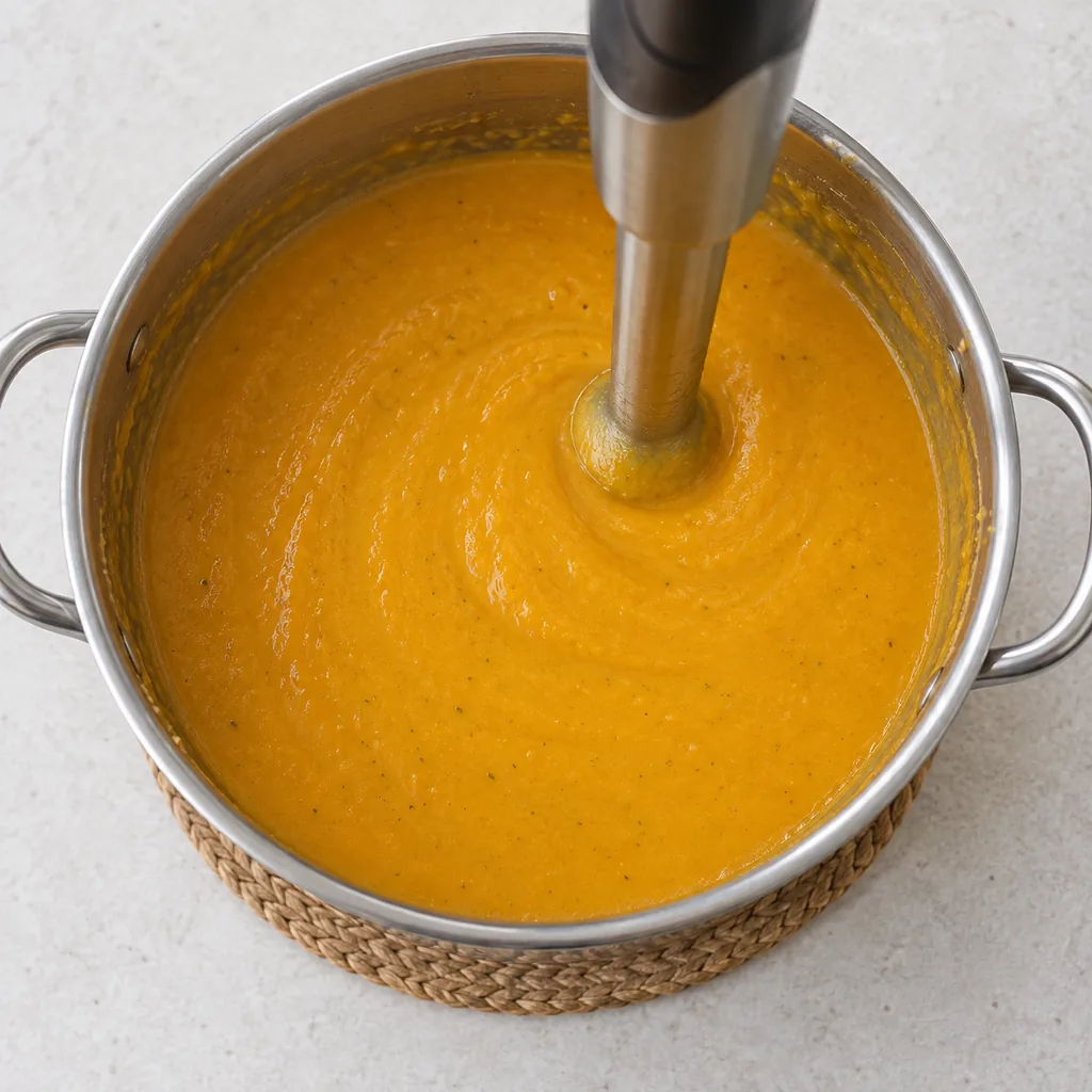 Soup blended smooth with the immersion blender blade kept submerged.