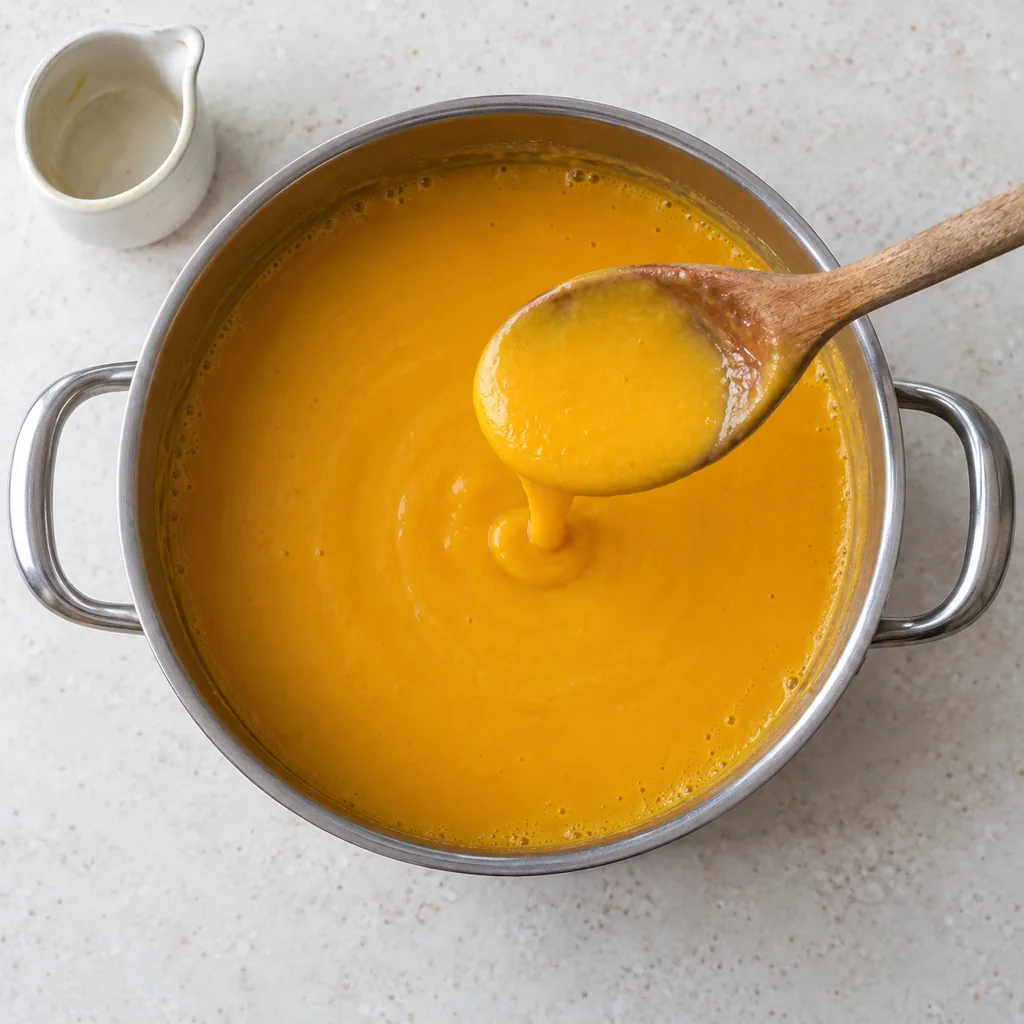 Cream-enriched soup coats the spoon and falls in a thick ribbon.