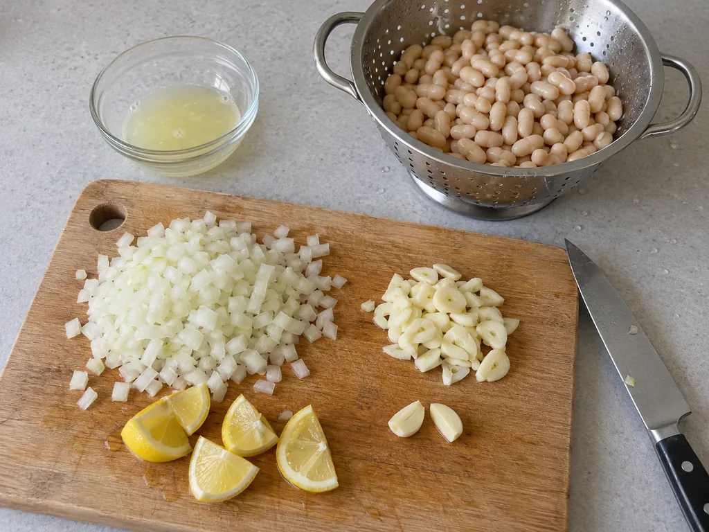 Rinsed cannellini beans draining beside chopped onion, sliced and halved garlic, lemon juice and wedges.