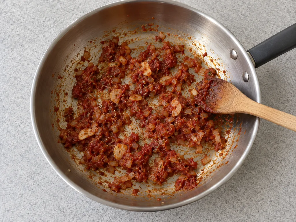 Brick-red tomato paste coating softened onion and garlic slices in a skillet.