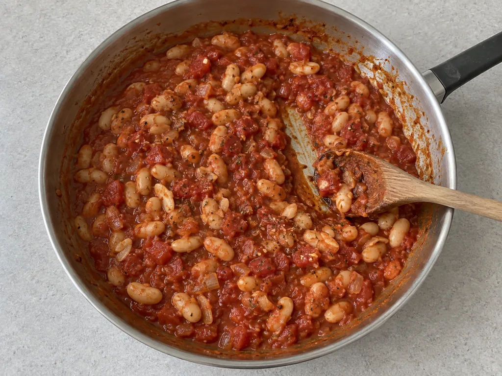 White beans in reduced tomato sauce, with a spoon path showing the thickened consistency.