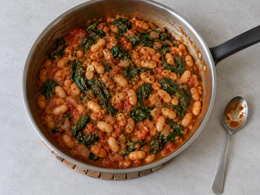 Wilted spinach mixed through white beans and tomato sauce, with a used tasting spoon beside the skillet.
