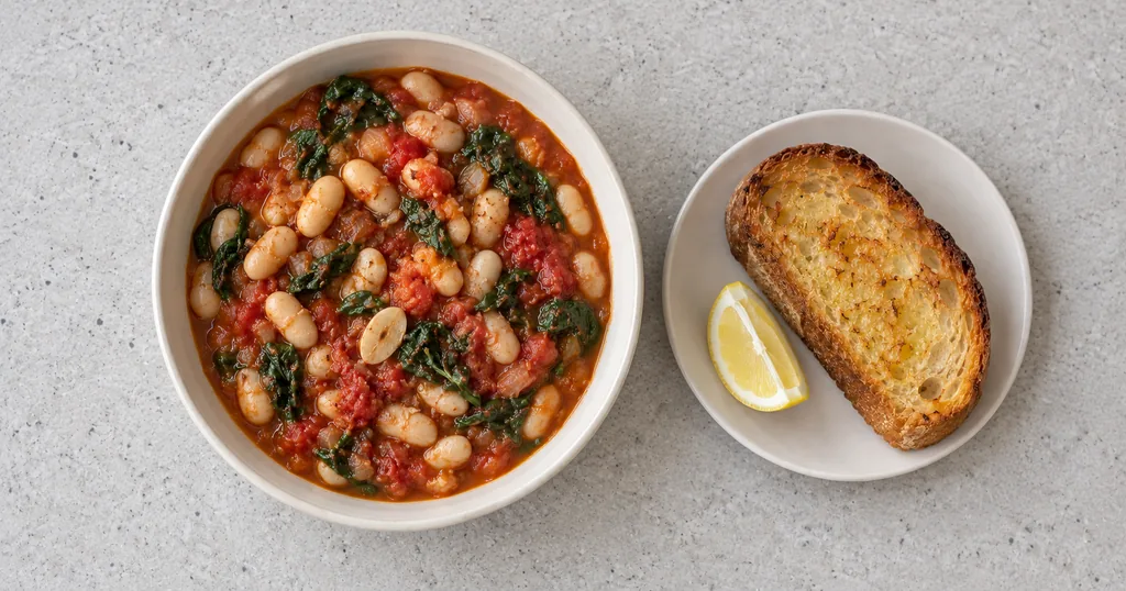 White beans with tomato and wilted spinach, garlic toast on a side plate, and a lemon wedge.