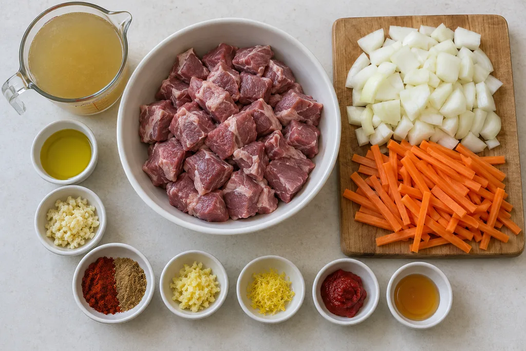 Raw lamb cubes fill a bowl beside measured seasonings, chopped onions, and thin carrot strips.