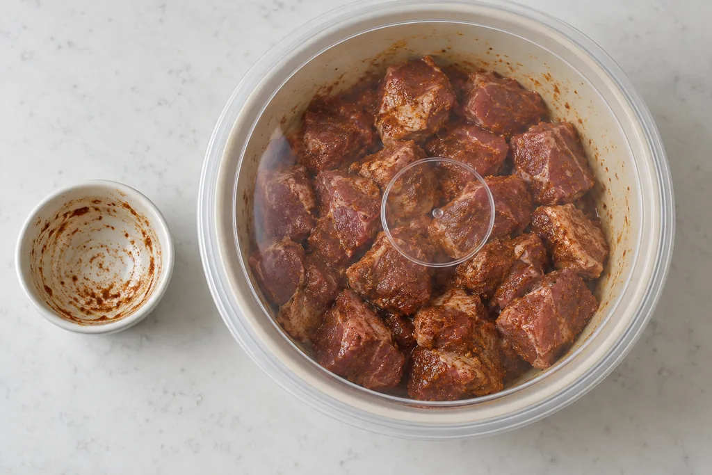 Spice-coated raw lamb cubes rest beneath a clear lid in a mixing bowl, ready for overnight chilling.