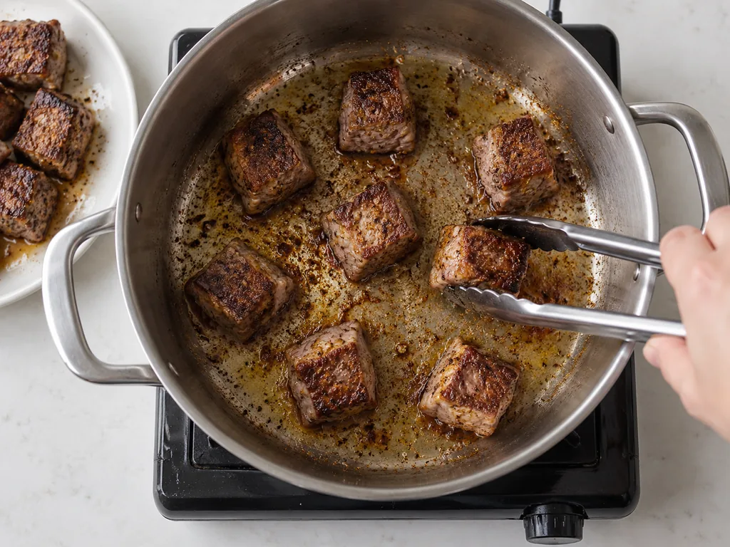 Tongs turn browned lamb cubes in an uncrowded heavy pot with visible fond.