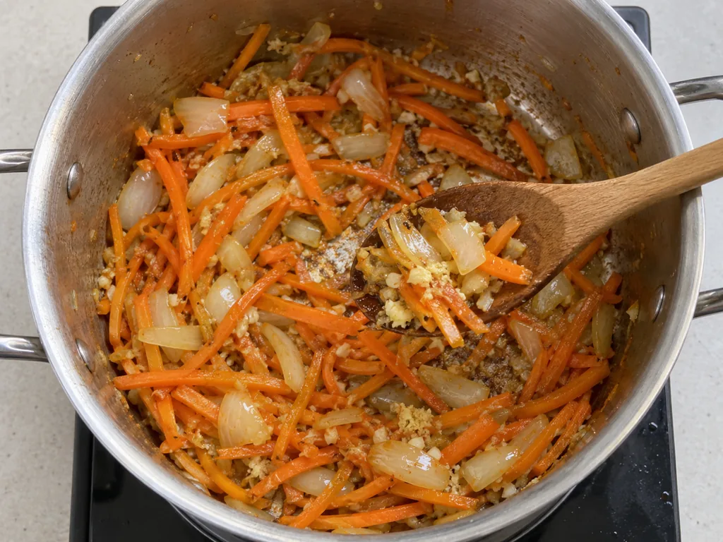 A wooden spoon lifts soft onions and carrot strips flecked with minced garlic and ginger from the pot.