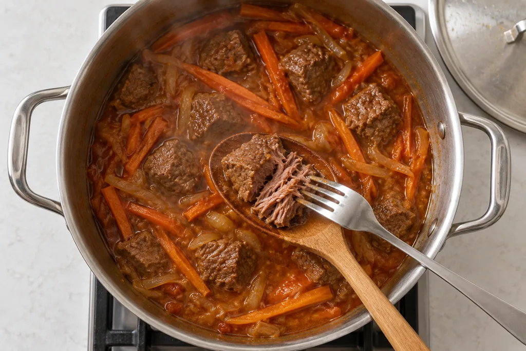 A fork separates tender lamb fibers above a pot of simmered carrot strips, onions, and spiced sauce.