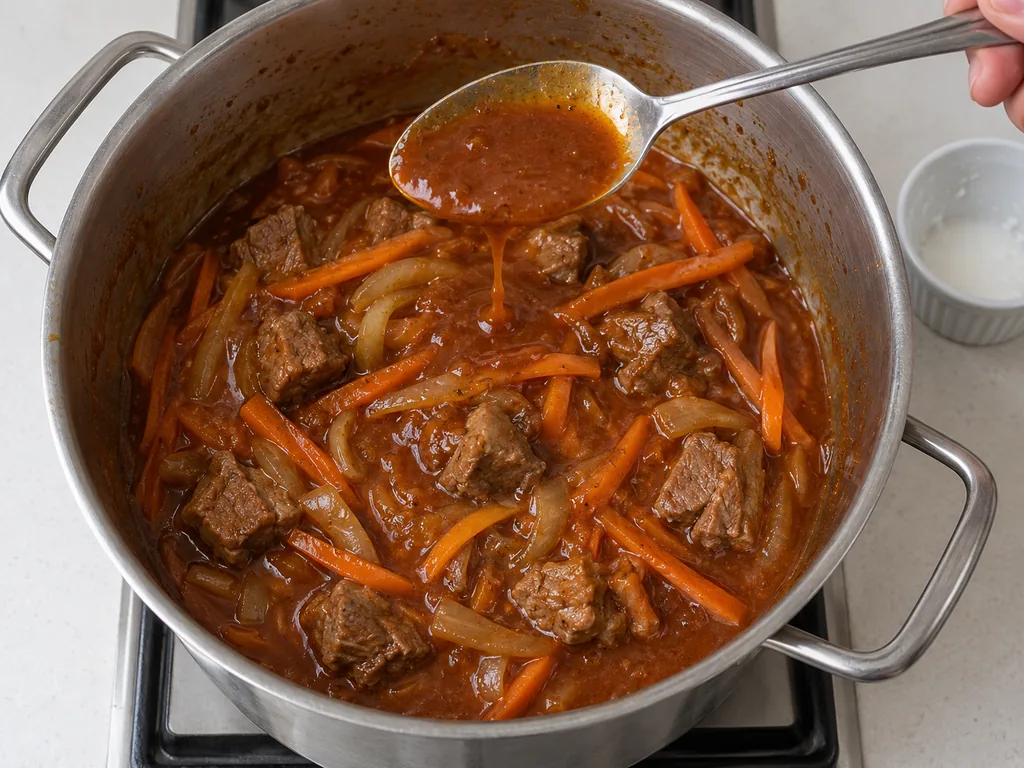 Glossy sauce coats a spoon and drips slowly into the pot of lamb and carrot stew.