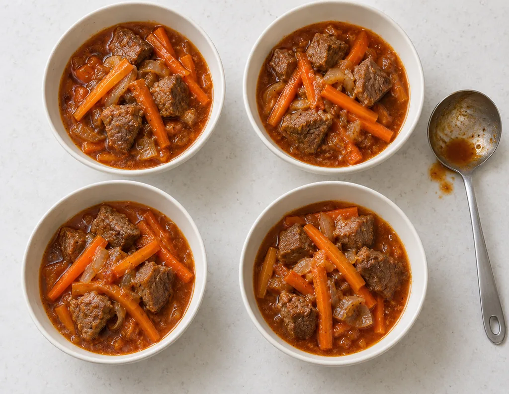Four cream bowls hold evenly portioned lamb and carrot stew in glossy sauce, ready to serve.