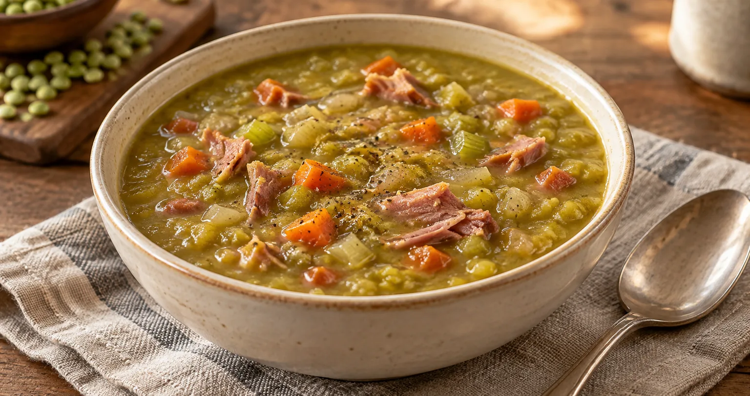 Split pea soup served ready to eat.