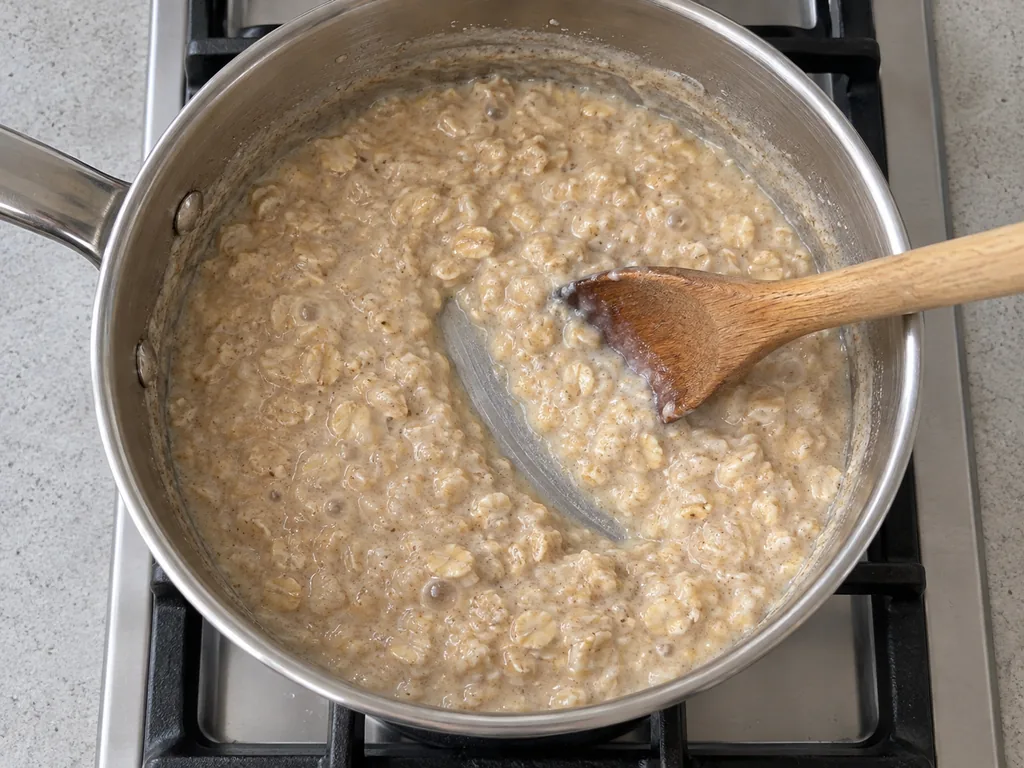 Simmer gently — The oats are plump and the spoon trail slowly fills back in.
