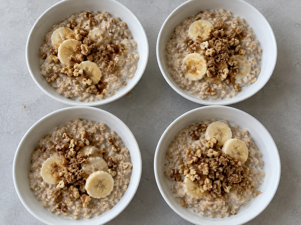 Divide and serve — The oatmeal is portioned with its toppings.