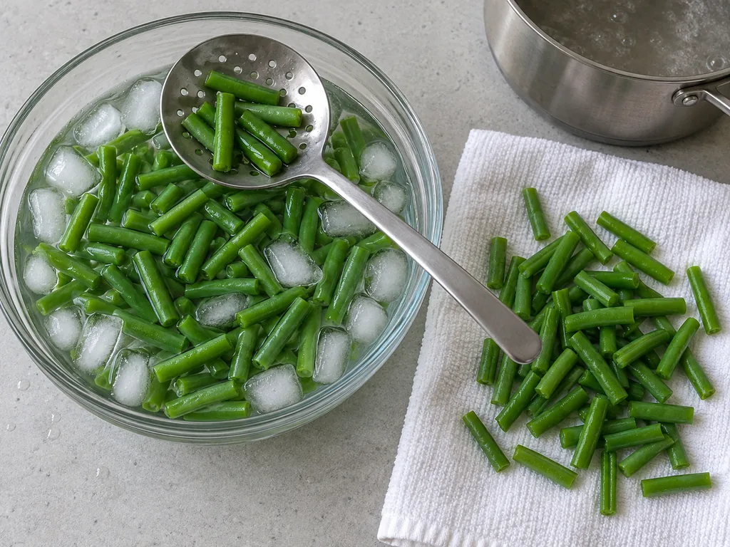 Move them with the slotted spoon into the ice water and stir until cold through, then drain them and pat them dry in the towel.