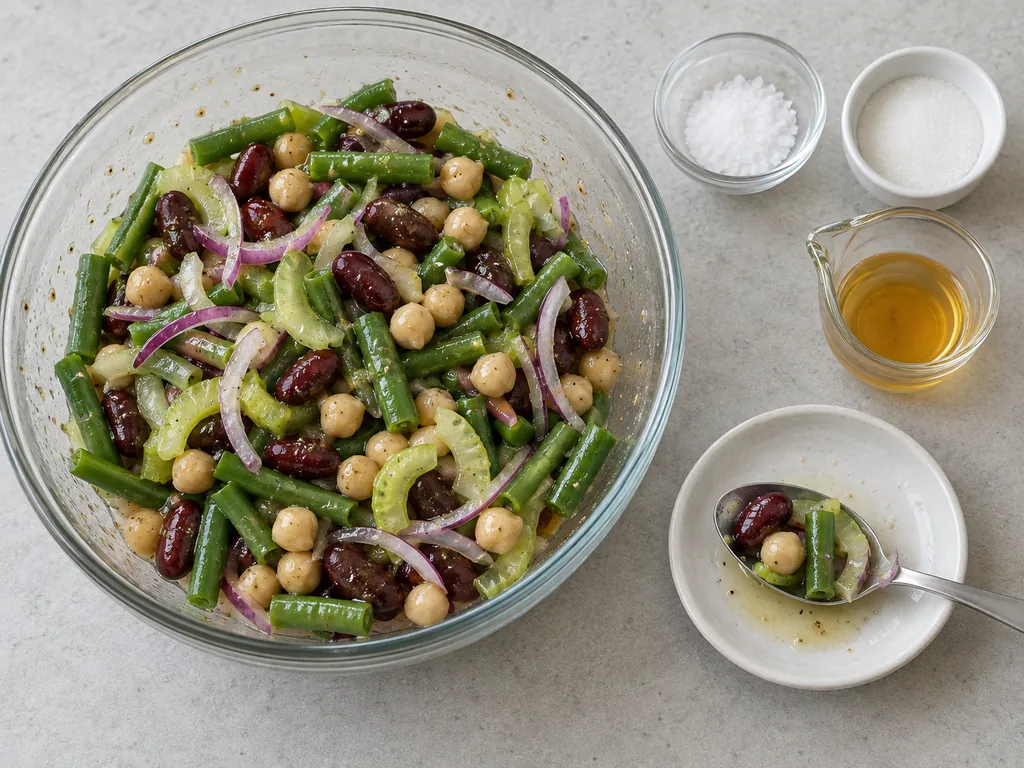 The salad tastes sweet-sour and seasoned through.