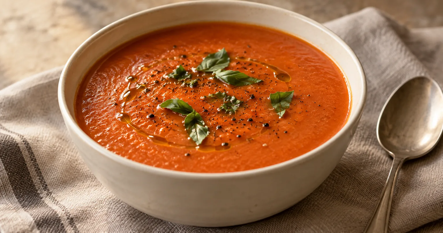 Tomato soup served ready to eat.
