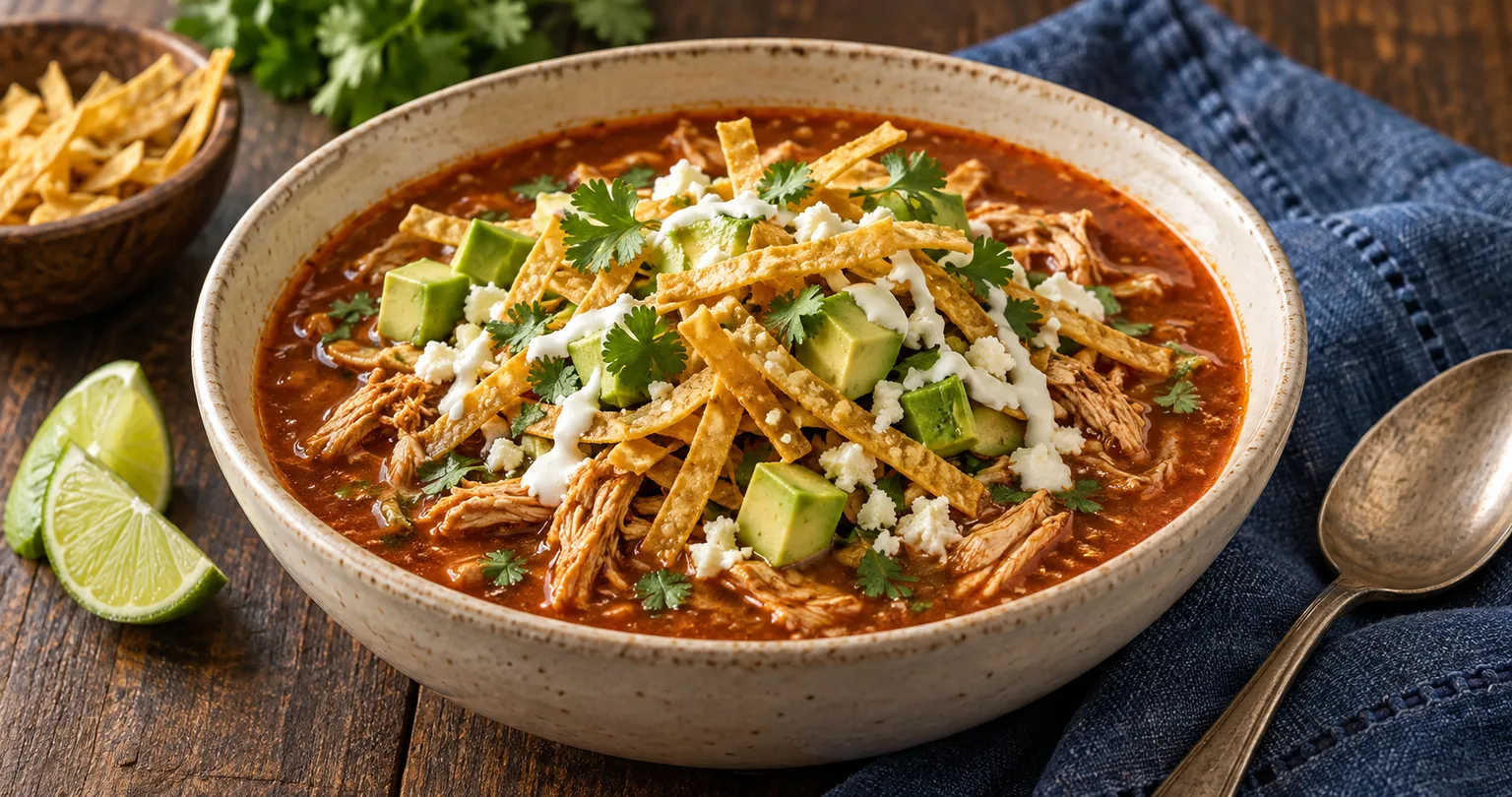 Tortilla soup served in a styled dish.