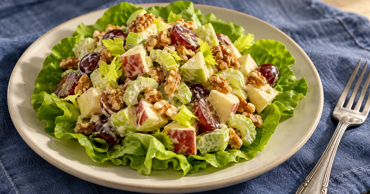 Waldorf salad served in a styled dish.