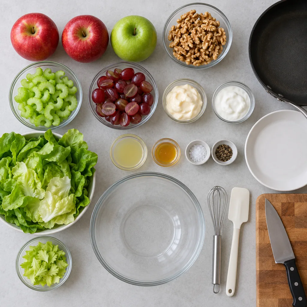 Waldorf ingredients measured with three apples left whole and utensils gathered.
