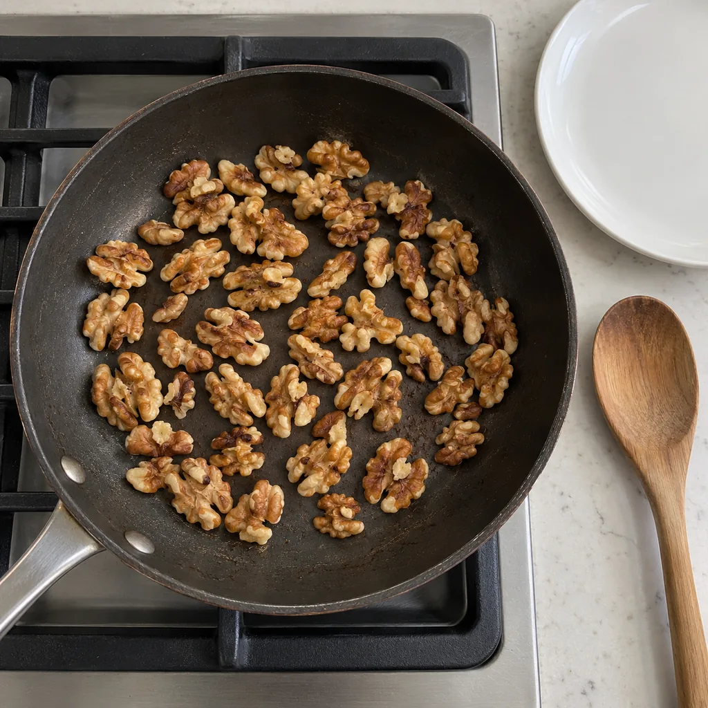 Walnut halves toasted a shade darker in a dry skillet, with a plate ready.