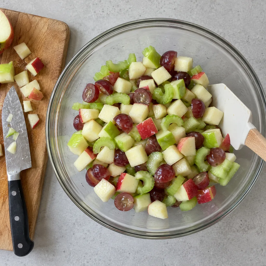 Skin-on apple cubes glossy with lemon juice, mixed with celery slices and halved red grapes.