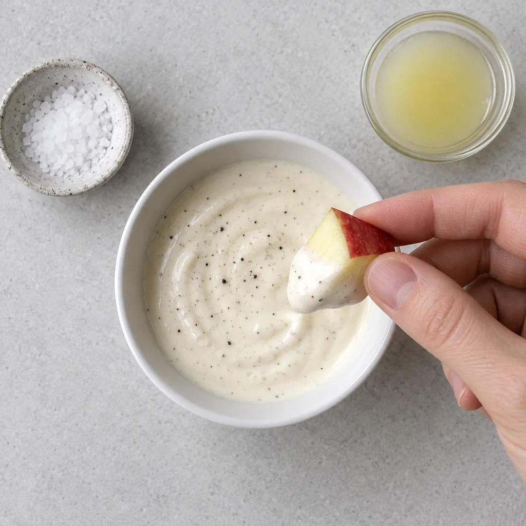 An apple piece dipped in creamy dressing for a taste check, with lemon and salt nearby.