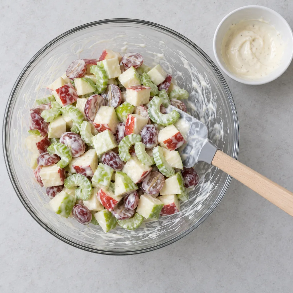Apple, celery and grapes lightly coated with dressing using a rubber spatula.