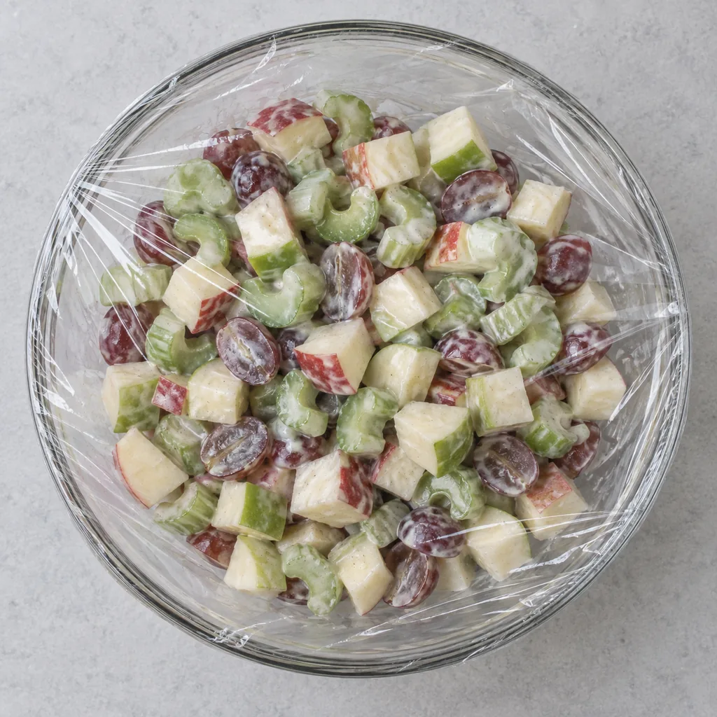 Dressed apple, celery and grape salad covered tightly for refrigeration.