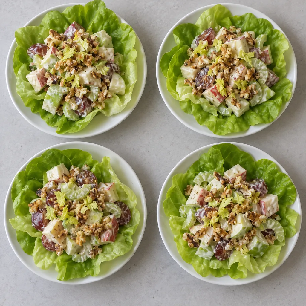 Four lettuce-lined plates of Waldorf salad topped with chopped toasted walnuts and pale celery leaves.